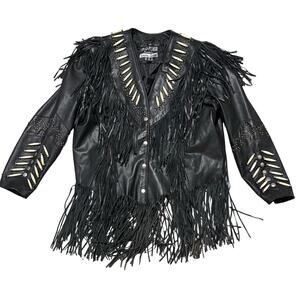 Pro Rider Leather Jacket Fringes Bone Beads Western Native American XL Vintage